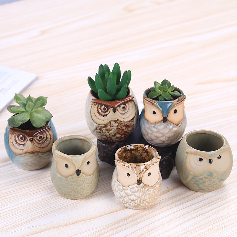 Owl Animal Thumb Flower Pot Personality Ceramic Craft Office Home Decoration
